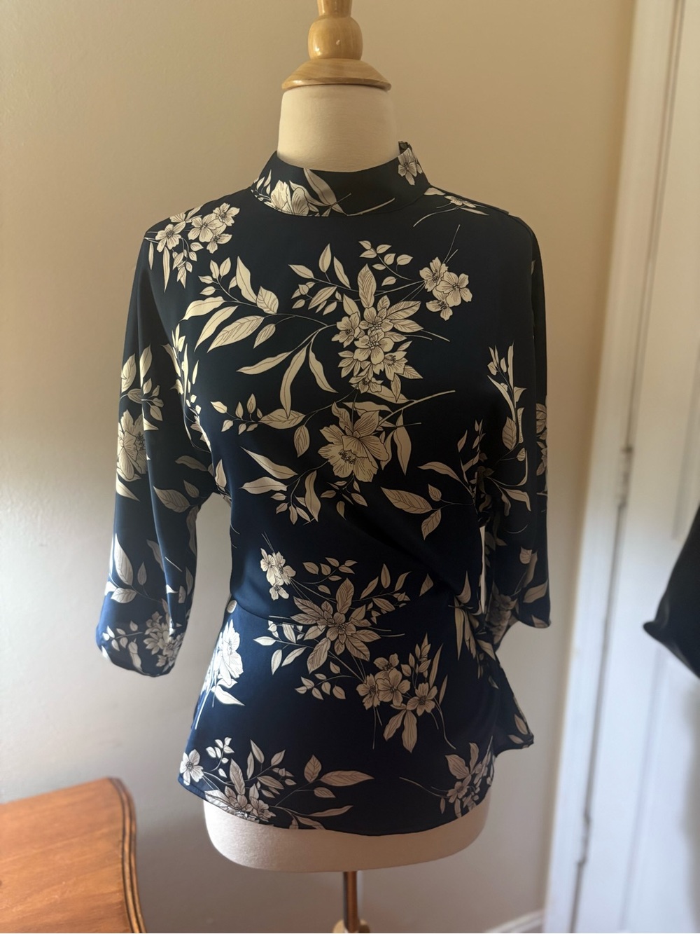 Vince Camuto Navy Floral Mock-Neck Blouse